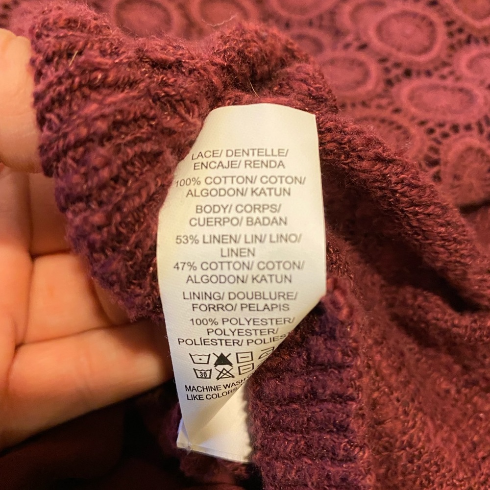 Lucky Brand▪️Burgundy Lined Lace Front Split Back Cotton/Linen Sweater Sz S. - Picture 5 of 5